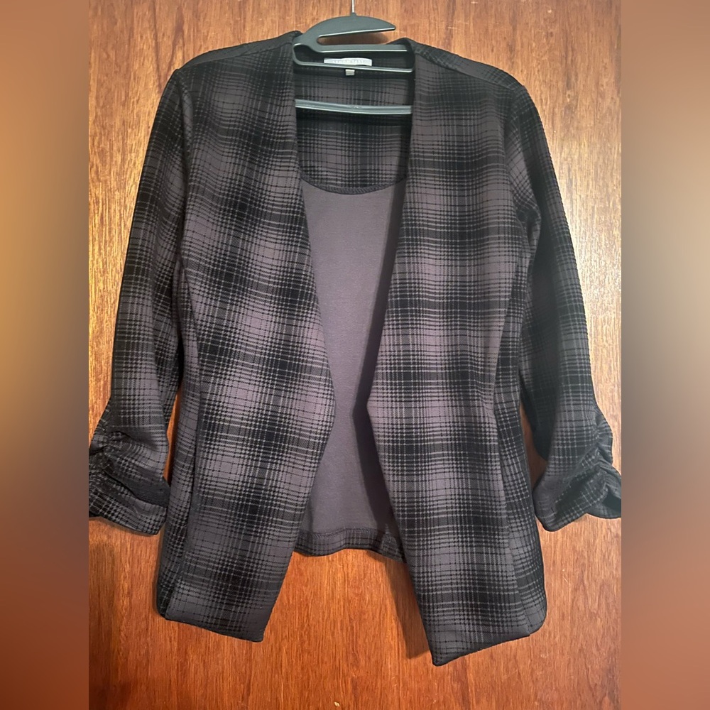 Women's Open-Front Plaid Blazer Jacket - Black and Charcoal